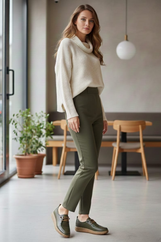 KADIN HAKİKİ DERİ ORTOPEDİK TABANLI AKILLI BAĞCIKLI CASUAL AYAKKABI 40 - HAKİ/TABA