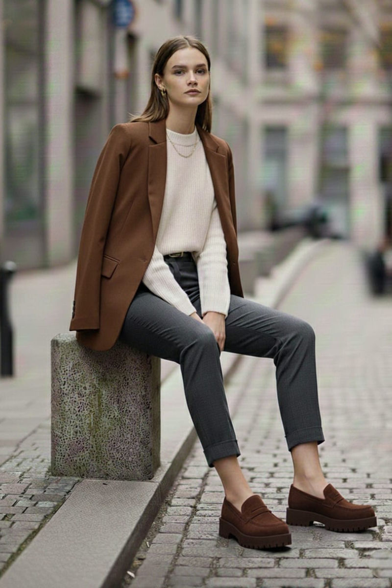 KADIN RAHAT ŞIK LOAFER AYAKKABI KAHVERENGİ SÜET - 40