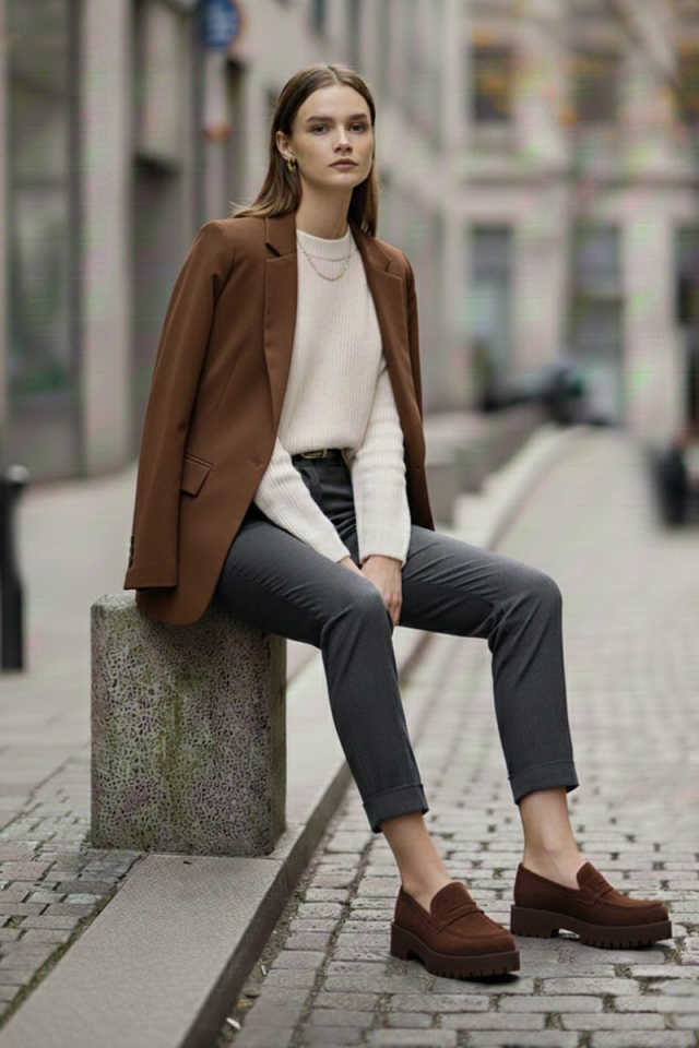 KADIN RAHAT ŞIK LOAFER AYAKKABI KAHVERENGİ SÜET - 40