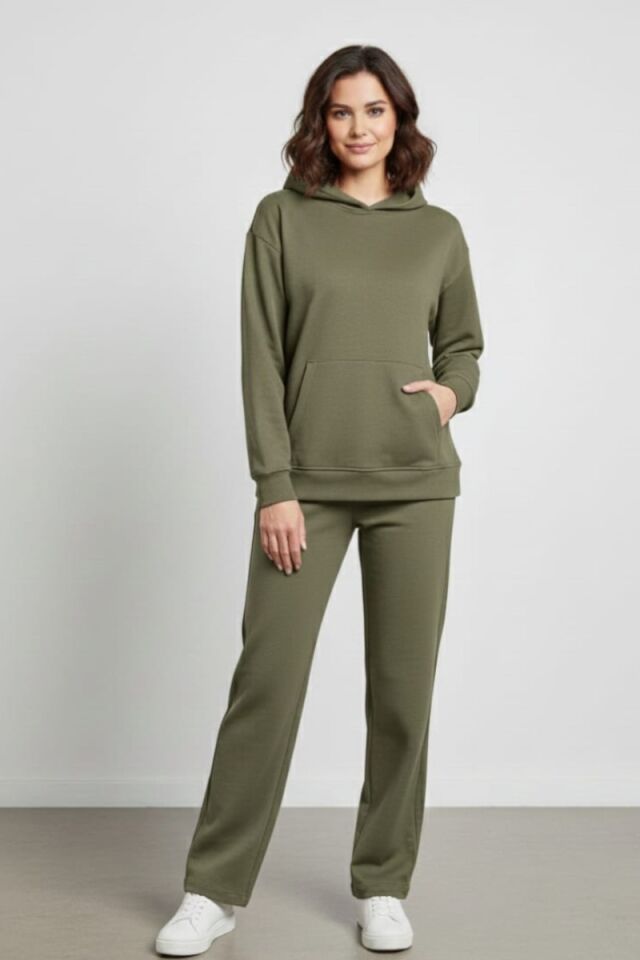 KADIN KAPÜŞONLU ALT ÜST EŞOFMAN TAKIM XL - KOYU YEŞİL