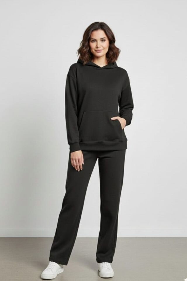 KADIN KAPÜŞONLU ALT ÜST EŞOFMAN TAKIM XL - SİYAH