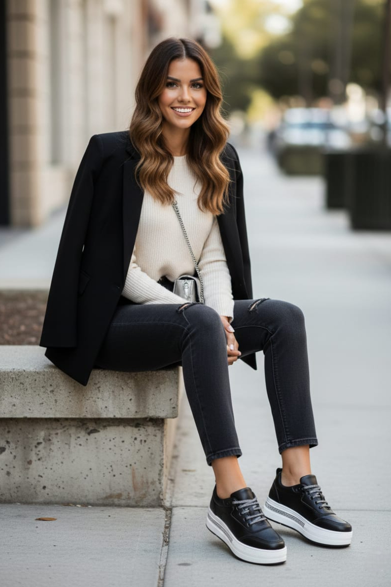 KADIN TAŞ DETAYLI KALIN TABANLI RAHAT ŞIK SNEAKER SPOR AYAKKABI 40 - SİYAH-BEYAZ