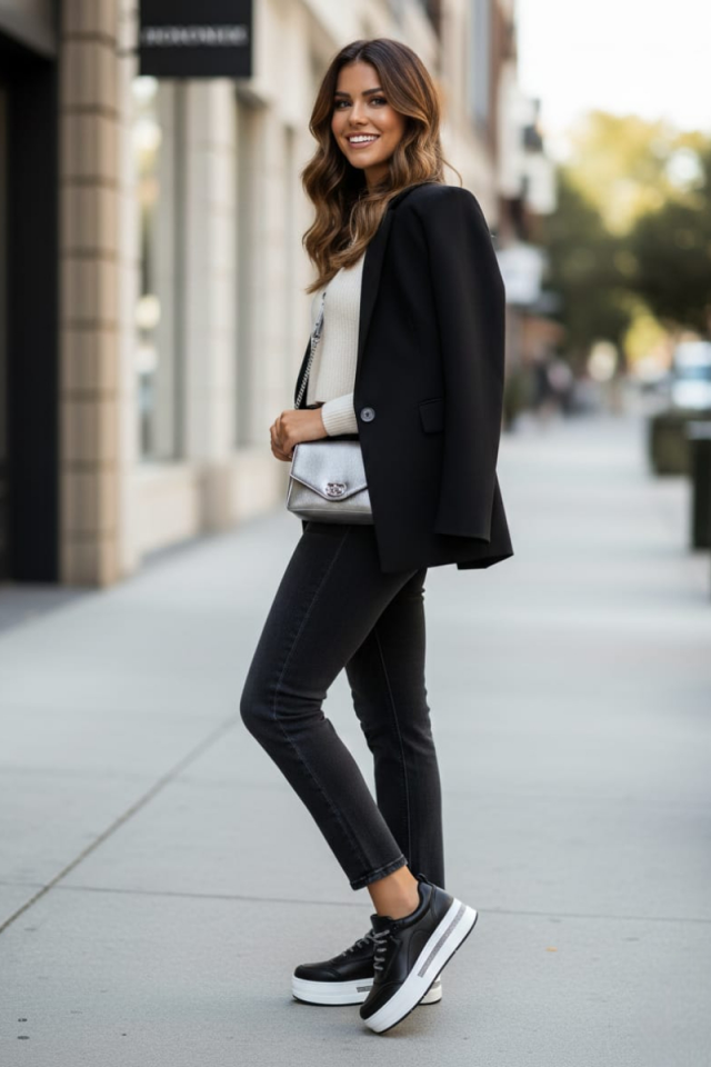 KADIN TAŞ DETAYLI KALIN TABANLI RAHAT ŞIK SNEAKER SPOR AYAKKABI 40 - SİYAH-BEYAZ