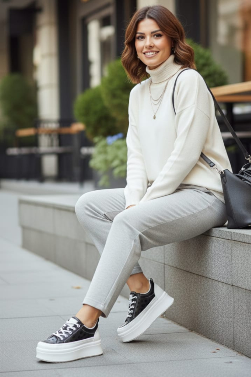 KADIN LEOPAR DESENLİ KALIN TABANLI RAHAT ŞIK SNEAKER SPOR AYAKKABI 40 - SİYAH/BEYAZ