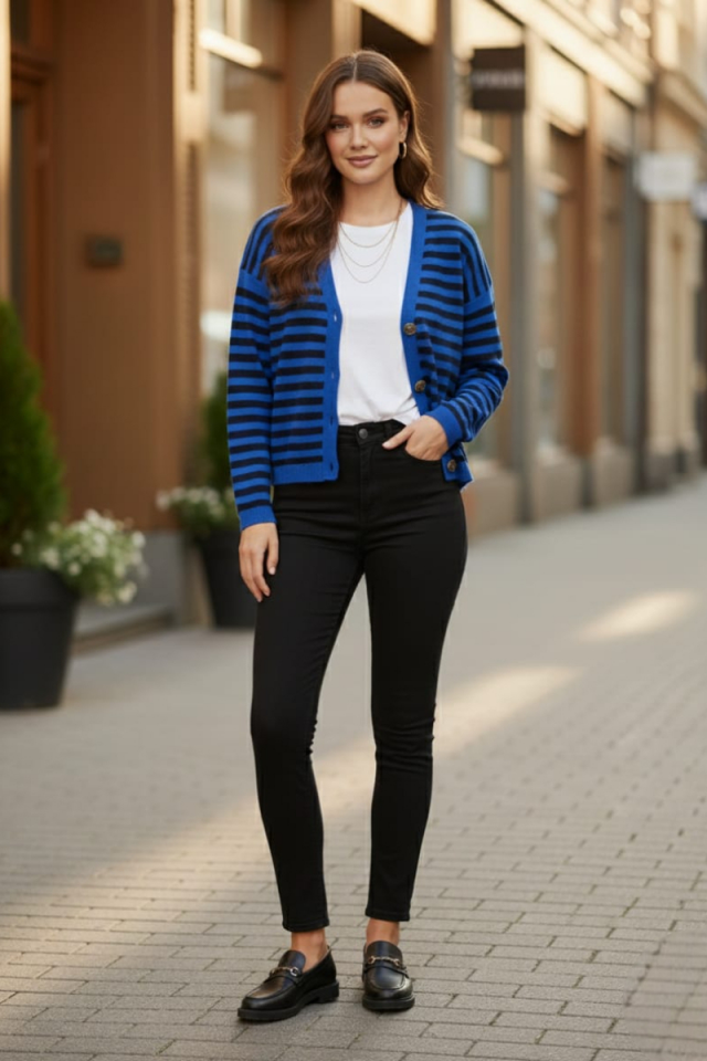 KADIN GOLD DÜĞME DETAYLI TRİKO CEKET STANDART - MAVİ/SİYAH