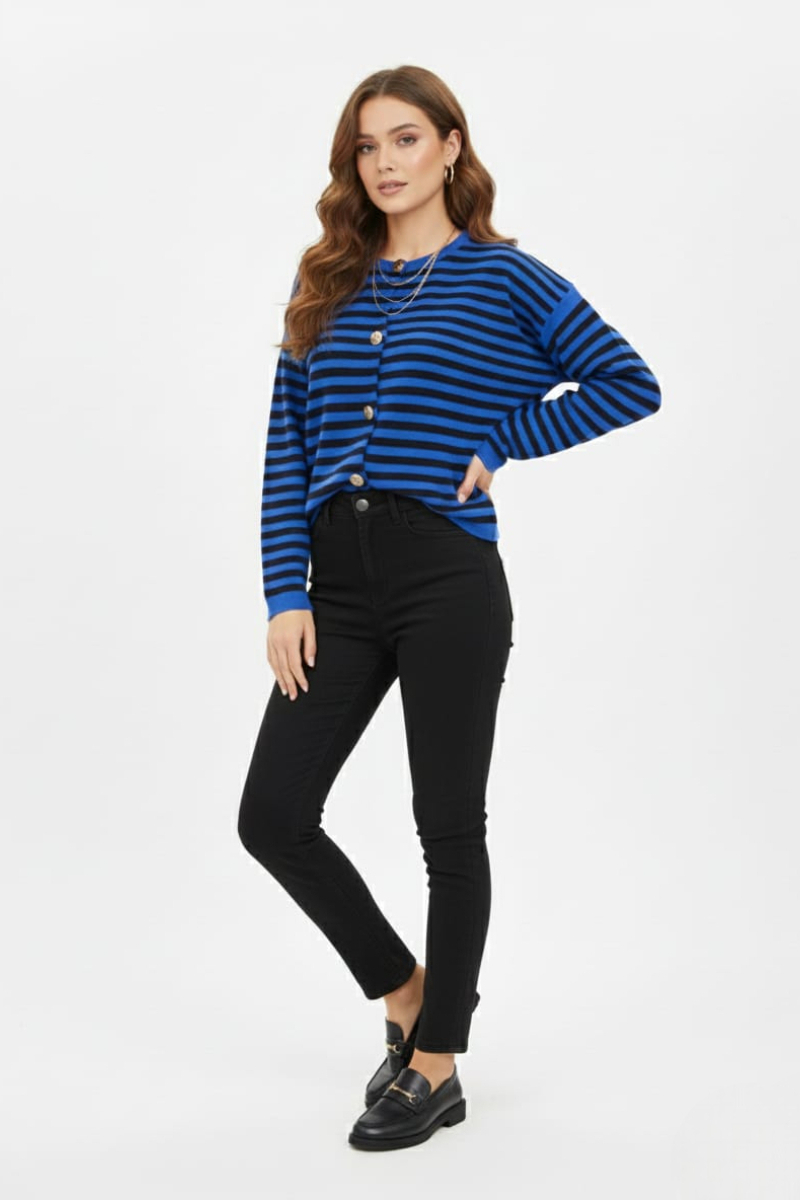 KADIN GOLD DÜĞME DETAYLI TRİKO CEKET STANDART - MAVİ/SİYAH