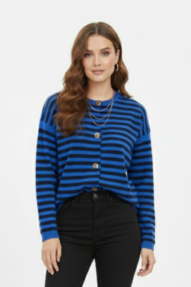 KADIN GOLD DÜĞME DETAYLI TRİKO CEKET STANDART - MAVİ/SİYAH