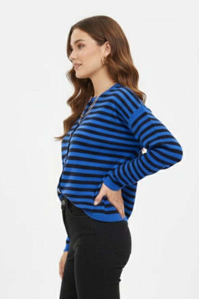 KADIN GOLD DÜĞME DETAYLI TRİKO CEKET STANDART - MAVİ/SİYAH