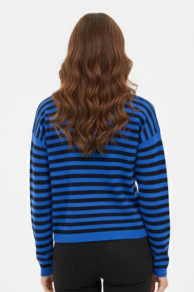 KADIN GOLD DÜĞME DETAYLI TRİKO CEKET STANDART - MAVİ/SİYAH