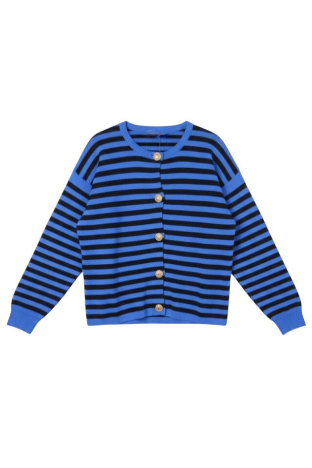 KADIN GOLD DÜĞME DETAYLI TRİKO CEKET STANDART - MAVİ/SİYAH