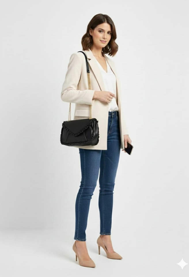 KADIN SARI ZİNCİR DETAYLI ASANSÖR SAPLI ÇANTA SİYAH