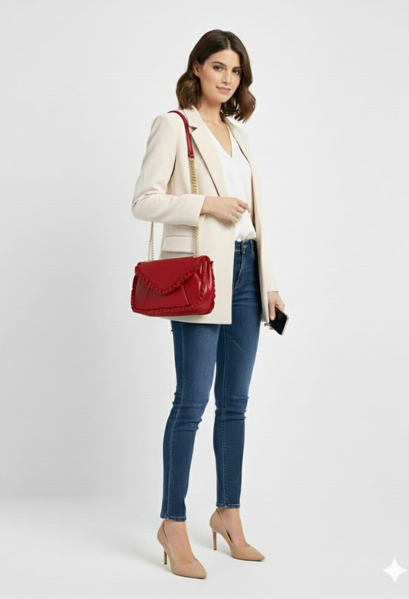 KADIN SARI ZİNCİR DETAYLI ASANSÖR SAPLI ÇANTA KIRMIZI