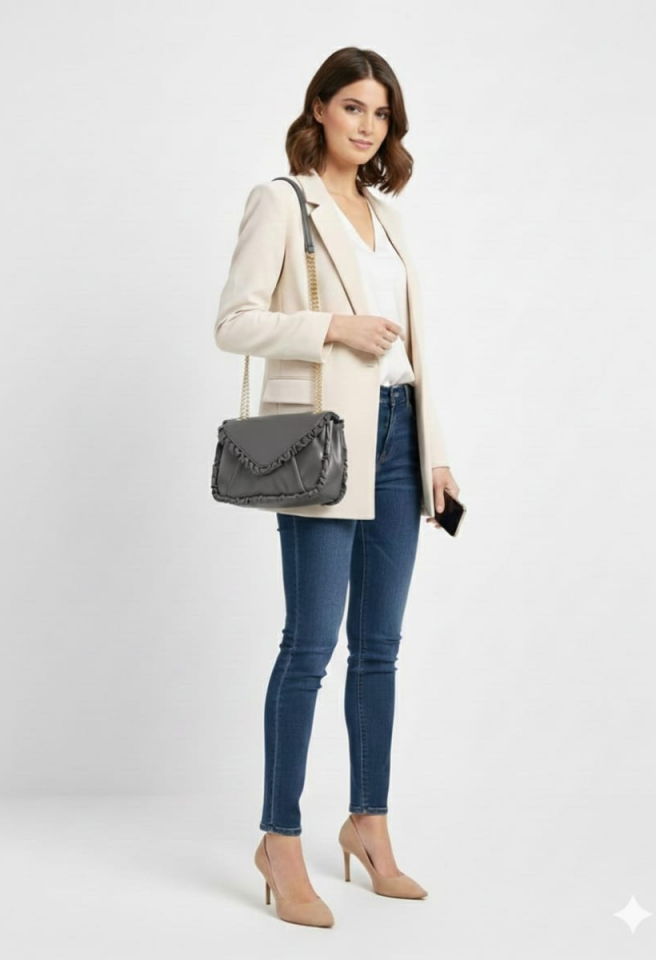 KADIN SARI ZİNCİR DETAYLI ASANSÖR SAPLI ÇANTA ANTRASİT