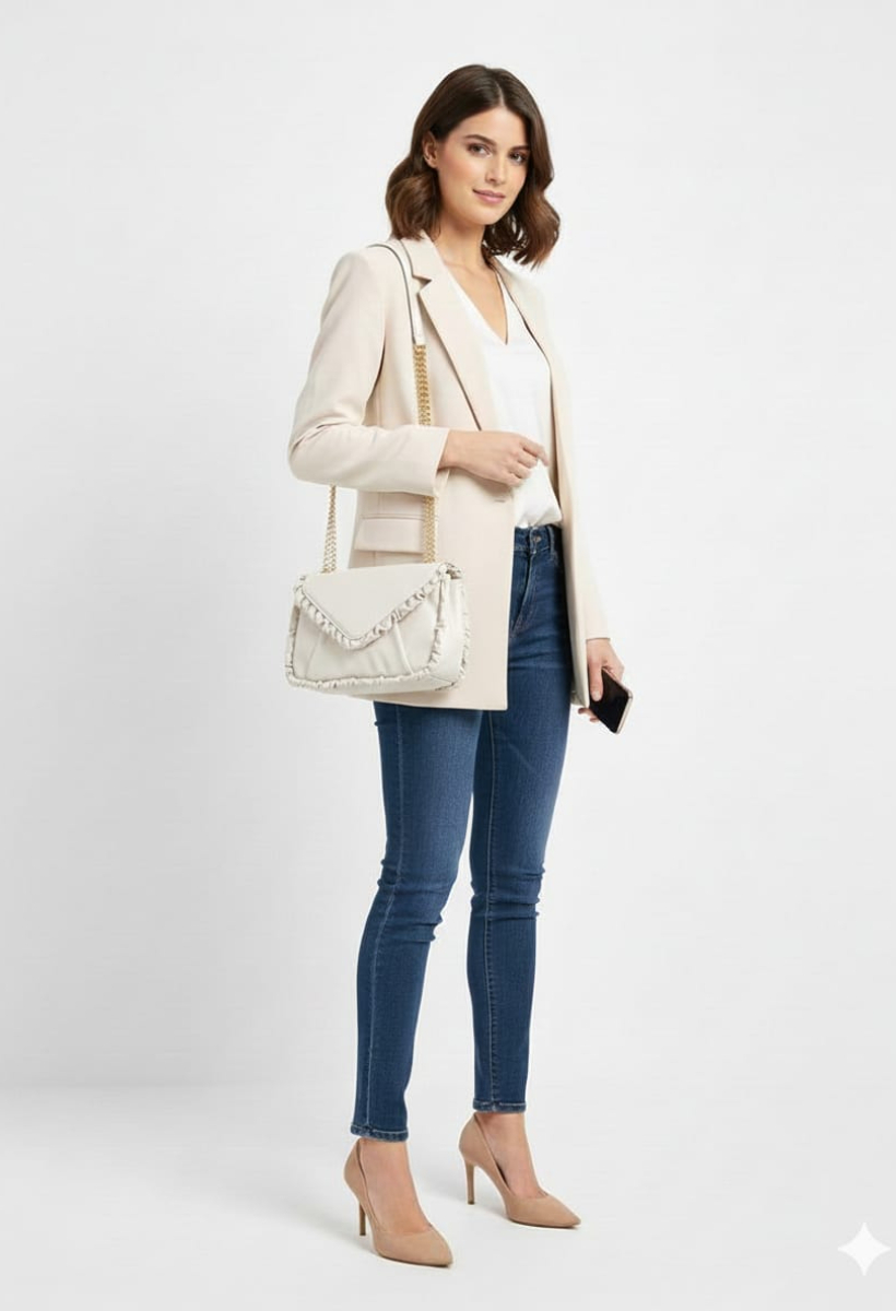 KADIN SARI ZİNCİR DETAYLI ASANSÖR SAPLI ÇANTA BEYAZ